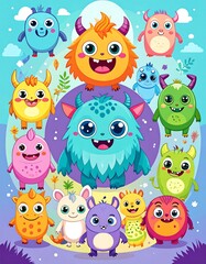 Obraz premium Cute cartoon monsters in vibrant colors