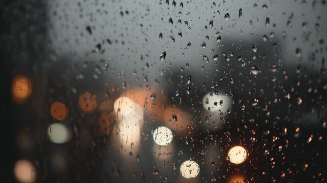 Rainy evening: city lights blurred through water-droplet-covered glass
