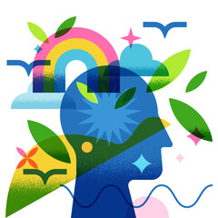 Head with rainbow, clouds, leaves, birds. Vector creativity, imagination, freedom, mindfulness, inspiration concept