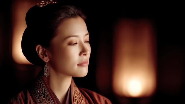Oriental Classical Beauty Meditates Serenely Amidst Dim Lights