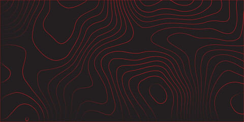 Detailed abstract topographic contour lines red on black illustration ultra wide panoramic format terrain path mapping geographic cartography scheme modern artwork design for vector decoration and con