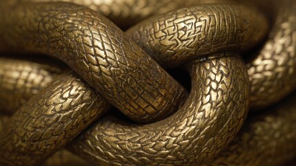 Close-up of interlocking golden snake sculpture with detailed scales