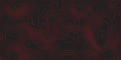 Detailed abstract topographic contour lines red on black illustration ultra wide panoramic format terrain path mapping geographic cartography scheme modern artwork design for vector decoration and con