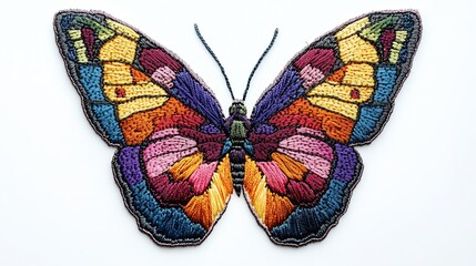 Colorful embroidered butterfly art piece.