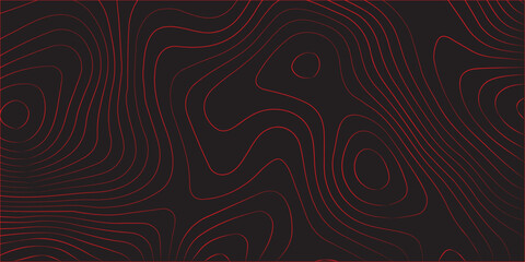Modern abstract red contour line topographic map illustration on black background with geographic terrain path details cartography artwork conditional scheme concept ultra wide panoramic design for de