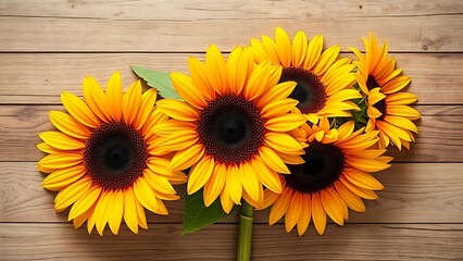 Sunflower bouquet on a rustic wooden surface with warm directional lighting.