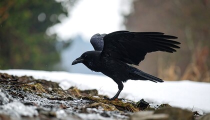 Raven in flight, landing in winter