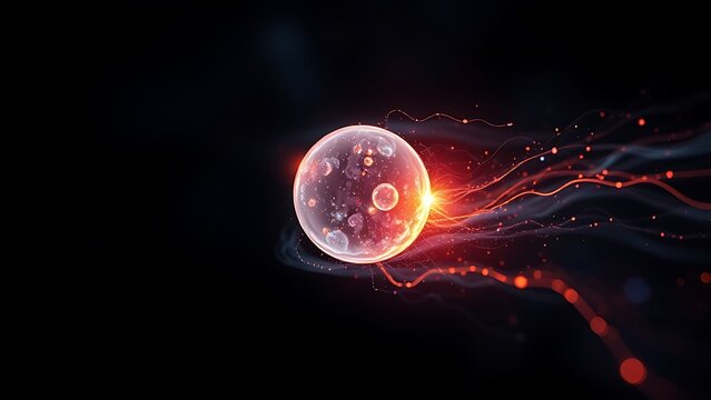 A single, glowing primordial cell dividing rapidly in a dark aquatic environment with vibrant energy trails.
