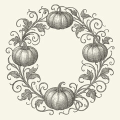 Intricate vintage-style illustration of pumpkins arranged in a decorative circular wreath with detailed vines and leaves, perfect for autumn, Thanksgiving, and rustic seasonal designs.