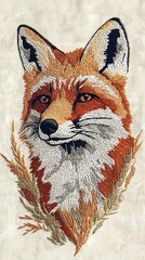 Detailed embroidered portrait of a fox.