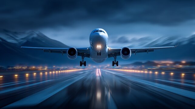 Commercial airplane landing on wet runway amidst dramatic mountainous landscape