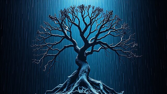 A shattered tree of life sculpture with digital binary rain, symbolizing evolution and technology.