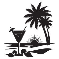 Black and White Tropical Beach Scene with Cocktail Glass and Palm Trees