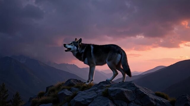 Majestic wolf howling at the colorful twilight sky from a mountain peak, embodying wildness and freedom.