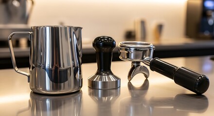 Polished Steel Espresso Tools - Milk Pitcher, Tamper, Portafilter on Gleaming Counter.