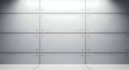 Sleek metal panel wall with rivets and subtle lighting creates a modern minimalist backdrop