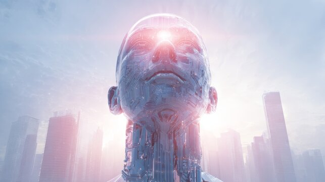 Futuristic cyborg silhouette in urban skyline at sunrise - Powered by Adobe