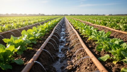 Medium view of slowdrip irrigation system using porous pipes gently distributing moisture across rows of crops under sunny conditions.