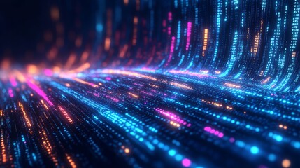 Colorful digital data stream with neon lights in futuristic technology concept