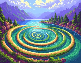 Pixel art spiral lake landscape