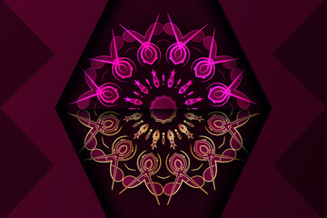 Elegant golden flower mandala with radiant purple magenta circular symmetrical pattern