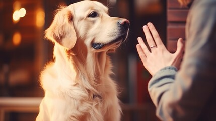 Golden retriever and female owner interaction in cozy indoor setting