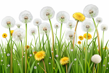 White dandelions dot a field of green grass in the spring meadow on transparent background