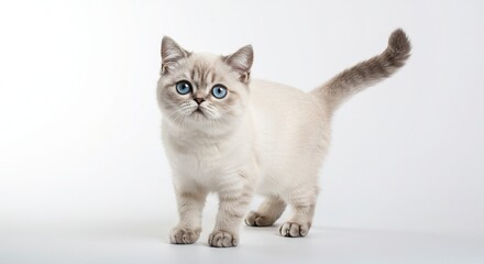 Fototapeta premium Adorable fluffy kitten with striking blue eyes poses on a clean white background