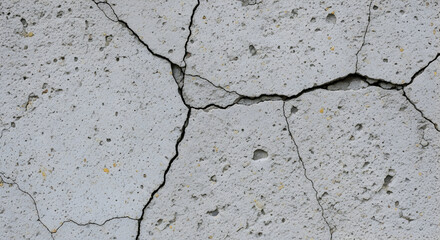 Fototapeta premium Close-up of a severely cracked concrete wall, showing signs of structural damage and deterioration highlighting the fragility of construction materials