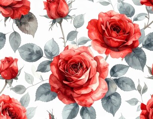 Fototapeta premium エレガントな赤バラの水彩フローラルパターン｜背景・テキスタイル用Elegant Watercolor Red Roses Floral Pattern | Background & Textile Design