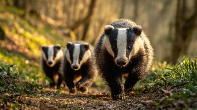 Three Badgers Walking on Forest Floor