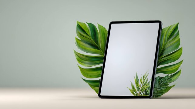Tablet with tropical leaves