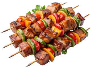 Grilled pork and chicken shish kebabs on skewers with sauce, perfect for a gourmet barbecue meal