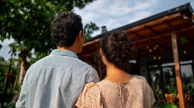 Man and woman standing together outdoors at a picnic table under a gazebo during daytime.