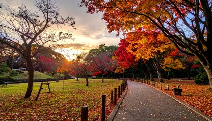 A vibrant autumn scene with a winding path through a park, displaying colorful trees under a sunset sky