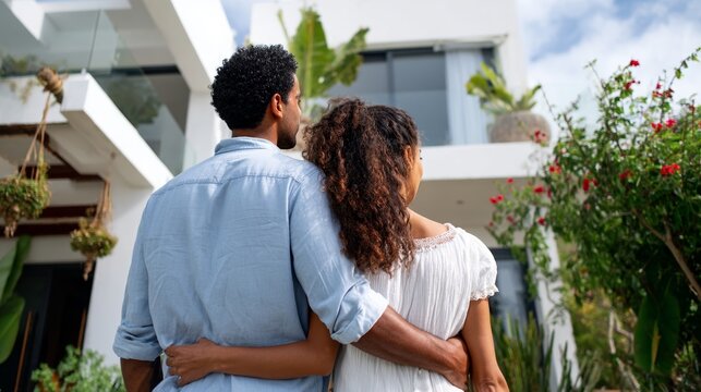 A couple embracing outdoors during daytime.