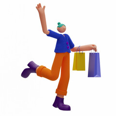 3D Joyful woman with shopping bags