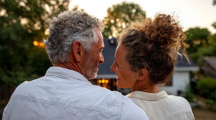 Older couple standing outside at night.