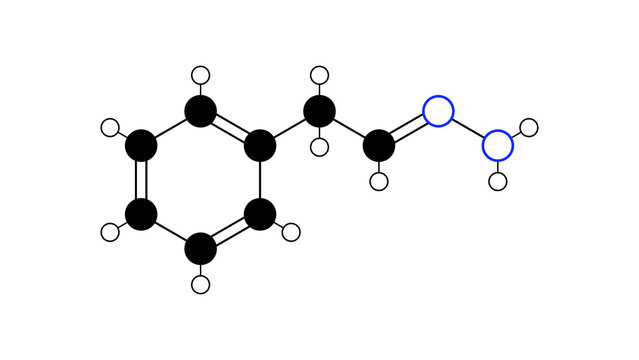 phenylethylidenehydrazine molecule, structural chemical formula, ball-and-stick model, isolated image chemical intermediate