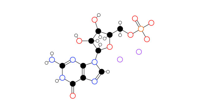 disodium guanylate molecule, structural chemical formula, ball-and-stick model, isolated image e627