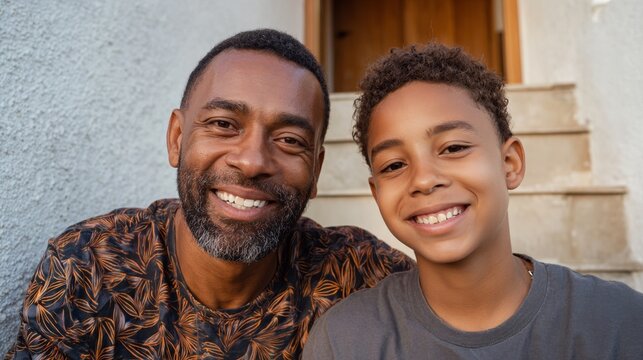 "A smiling family posing together outdoors on a set of stairs." - Powered by Adobe