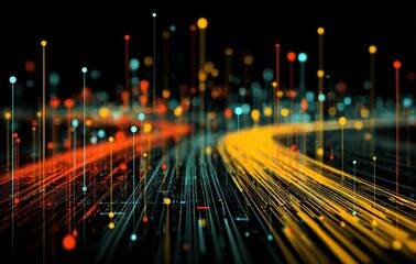 Abstract digital data streams in vibrant red and yellow on black background