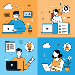 Online Collaboration Vector Illustrations of Teamwork and Remote Work