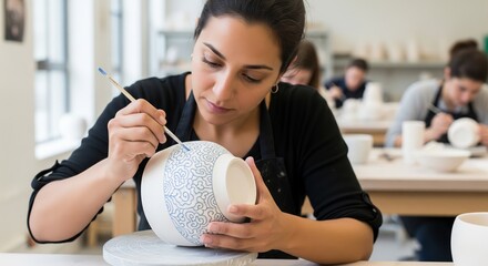 Artistic pottery class experience with focused female artist hand-painting ceramic bowl in studio
