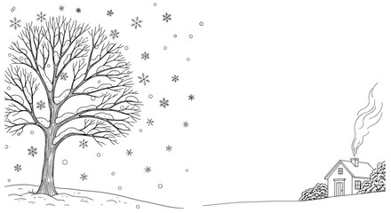 Snowy tree and cottage in winter landscape line art illustration