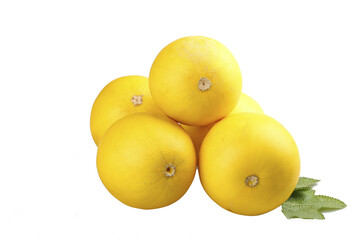 Fresh Yellow Honeydew Melons on White Background with Green Leaves