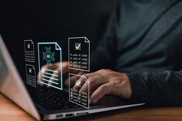 person types on a laptop with digital document,AI icon,and checklist symbols representing ai document automation,checklist management,workflow efficiency,technology solutions,and digital productivity.