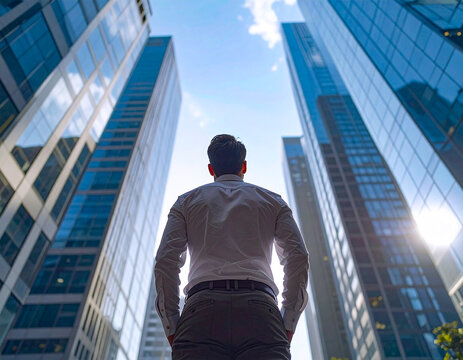 Joven empresario de espaldas mirando al horizonte en la ciudad moderna en plano contrapicado representando &eacute;xito profesional emprendimiento liderazgo visi&oacute;n de futuro motivaci&oacute;n y crecimiento laboral