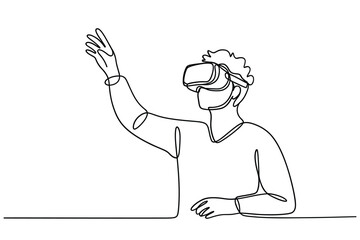 Person wearing virtual reality headset interacting with digital world