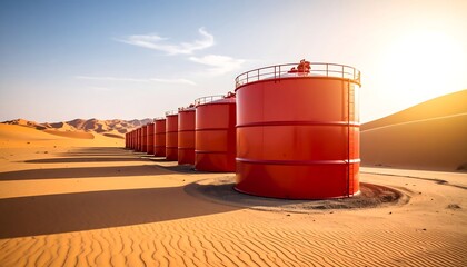 Red storage tanks in desert landscape